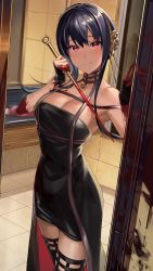 Rule 34 | 1girl, bathroom, black dress, black gloves, black hair, black thighhighs, blood, blood on arm, blood on hands, blood on wall, bloody weapon, blush, breasts, cleavage, closed mouth, dagger, doorway, dress, flower, gloves, gold hairband, hair flower, hair ornament, hairband, hand up, highres, holding, holding dagger, holding knife, holding weapon, kainown, knife, long hair, looking at viewer, medium breasts, mirror, off-shoulder dress, off shoulder, red eyes, rose, sidelocks, sink, smile, solo, spikes, spy x family, thighhighs, tile floor, tiles, two-sided dress, two-sided fabric, weapon, yor briar, zettai ryouiki