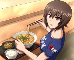 Rule 34 | 1girl, :t, blue shirt, bowl, brown eyes, brown hair, casual, chopsticks, closed mouth, clothes writing, commentary, eating, food, from side, girls und panzer, highres, holding, holding chopsticks, looking at viewer, looking back, nishizumi maho, noodles, omachi (slabco), ramen, rice, shirt, short hair, short sleeves, sitting, solo, t-shirt, translated