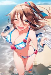 Rule 34 | 1girl, :d, beach, bikini, blew andwhite, blush, breasts, brown hair, cleavage, collarbone, commentary request, day, floral print, hair between eyes, hair blowing, hair ornament, hair ribbon, hairclip, highres, large breasts, long hair, looking at viewer, mountainous horizon, navel, ocean, one eye closed, open mouth, original, outdoors, print bikini, ribbon, sandals, shirt, smile, solo, swimsuit, thighs, white shirt