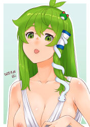 Rule 34 | 1girl, antenna hair, blue background, blush, body blush, breasts, commentary request, crossed bangs, dated, frog hair ornament, green eyes, green hair, hair between eyes, hair ornament, highres, kei jiei, kochiya sanae, large breasts, long bangs, long hair, looking at viewer, nipples, open mouth, outline, shiny skin, sidelocks, single hair tube, snake hair ornament, solo, tank top, tongue, tongue out, touhou, upper body, white outline, white tank top