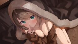 Rule 34 | 1girl, absurdres, aogiri koukou, aqua eyes, blanket, blush, breasts, breasts squeezed together, brown hair, brown jacket, cleavage, commentary request, from above, fur trim, hand to own mouth, highres, indoors, jacket, kkix25, kurikoma komaru, large breasts, looking at viewer, naked jacket, short hair, sitting, sleeves past wrists, solo, sweat, sweatdrop, thighs, under covers, virtual youtuber, wariza