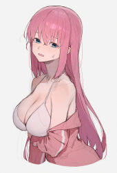 Rule 34 | 1girl, arm under breasts, bare shoulders, bikini, blue eyes, blush, bocchi the rock!, breasts, cleavage, collarbone, commentary request, crossed bangs, cube hair ornament, gotoh hitori, grey background, hair between eyes, hair ornament, highres, jacket, large breasts, long hair, looking at viewer, off shoulder, one side up, open mouth, partially unzipped, pink hair, pink jacket, simple background, solo, sooon, swimsuit, track jacket, upper body, white background, white bikini