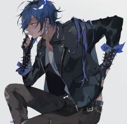 Rule 34 | 1boy, arm behind back, belt, black jacket, blue eyes, blue hair, bracelet, closed mouth, dark-skinned male, dark skin, earrings, feet out of frame, fingerless gloves, genshin impact, gloves, grey pants, hair between eyes, hand on own face, hand up, highres, jacket, jewelry, kaeya (genshin impact), kamui (kurohshiro1), leather, leather jacket, long hair, long sleeves, looking to the side, low ponytail, male focus, pants, ponytail, shirt, simple background, sitting, sleeves rolled up, solo, spiked bracelet, spikes, torn clothes, unzipped, white background, white shirt