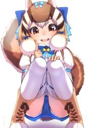 Rule 34 | 1girl, absurdres, animal ears, boots, brown eyes, brown hair, extra ears, gloves, highres, kemono friends, kemono friends v project, looking at viewer, microphone, nuruniku, panties, ribbon, shirt, short hair, shorts, siberian chipmunk (kemono friends), simple background, solo, tail, thighhighs, underwear, vest, virtual youtuber