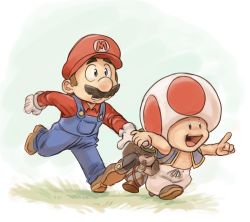 Rule 34 | 2boys, backpack, bag, blue eyes, brown hair, facial hair, full body, gloves, hat, highres, holding hands, male focus, mario, mario (series), multiple boys, mustache, nintendo, open mouth, overalls, running, smile, the super mario bros. movie, toad (mario)