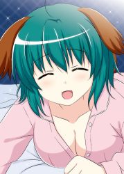 Rule 34 | 1girl, :d, ^ ^, animal ears, blush, breasts, cleavage, closed eyes, collarbone, cpu (hexivision), dog ears, closed eyes, green hair, kasodani kyouko, large breasts, long sleeves, looking at viewer, lying, on bed, on stomach, one-hour drawing challenge, open mouth, pink shirt, shirt, short hair, smile, solo, touhou, unbuttoned