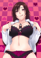 Rule 34 | 2girls, :q, between breasts, black bra, blazer, bow, bow bra, bow panties, bra, breasts, capelet, checkered background, cleavage, dress shirt, hair ornament, heart, highres, jacket, kneehighs, korisei, lace, lace-trimmed bra, lace-trimmed panties, lace trim, lingerie, loafers, microne magazine, mini person, minigirl, multiple girls, no pants, open clothes, open shirt, original, panties, person between breasts, purple panties, red panties, school uniform, shirt, shoes, short hair, skull hair ornament, smile, socks, tongue, tongue out, underwear