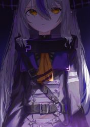 Rule 34 | 1girl, ascot, black jacket, closed mouth, collar, grey hair, hair between eyes, highres, hololive, horns, jacket, la+ darknesss, long hair, long sleeves, looking away, metal collar, purple background, roitz ( roitz ), solo, upper body, virtual youtuber, yellow ascot