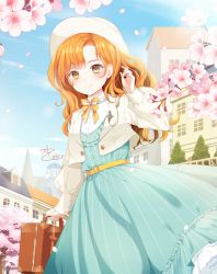 Rule 34 | 1girl, amick (americanomix), artist name, bad id, bad pixiv id, belt, blue dress, blue sky, blush, branch, brooch, cherry blossoms, cloud, commentary, cropped jacket, day, dress, feet out of frame, hand in own hair, hat, high collar, holding, holding suitcase, jacket, jewelry, long hair, long sleeves, looking at viewer, open clothes, open jacket, orange hair, original, outdoors, petals, petticoat, ribbon, sky, smile, solo, standing, striped clothes, striped dress, suitcase, swept bangs, symbol-only commentary, town, tree, white hat, white jacket, yellow eyes, yellow neckwear, yellow ribbon