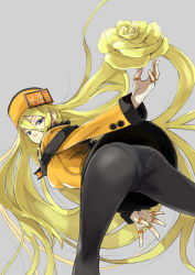 1girl absurdres arc_system_works ass bana blonde_hair blue_eyes breasts dress fingerless_gloves from_behind gloves guilty_gear guilty_gear_xrd hat highres leaning leaning_forward long_hair looking_at_viewer millia_rage panties panties_under_pantyhose pantyhose prehensile_hair sideboob smile solo underwear very_long_hair