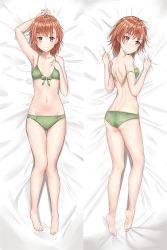 Rule 34 | 1girl, arm up, armpits, ass, barefoot, bikini, blush, breasts, brown eyes, brown hair, cat eye (pixiv15946433), cleavage, closed mouth, collarbone, dakimakura (medium), from above, front-tie bikini top, front-tie top, full body, green bikini, groin, highres, lying, misaka mikoto, navel, on back, on side, shiny skin, short hair, small breasts, smile, soles, solo, swimsuit, toaru majutsu no index, unfastened