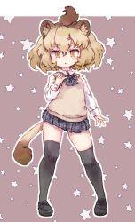 Rule 34 | 10s, 1girl, :&lt;, alternate costume, animal ears, black thighhighs, blonde hair, bow, bowtie, brown hair, collared shirt, commentary request, contemporary, full body, hairband, highres, kemono friends, kolshica, lion (kemono friends), lion ears, lion tail, loafers, long sleeves, multicolored hair, plaid, plaid skirt, pleated skirt, school uniform, shirt, shoes, short hair, skirt, solo, tail, thighhighs, vest, yellow eyes, zettai ryouiki