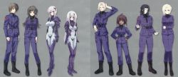 Rule 34 | 3boys, 5girls, blonde hair, blue eyes, bodysuit, boots, brown hair, clenched hands, crease, cryska barchenowa, dark skin, emblem, fingerless gloves, gloves, hair ribbon, hand on head, hand on own hip, hands on own hips, headgear, height chart, height difference, highres, inia sestina, insignia, jewelry, lineup, long hair, looking at viewer, military, military uniform, miyata sou, multiple boys, multiple girls, muv-luv, muv-luv alternative, muv-luv total eclipse, necklace, pale skin, pilot suit, purple eyes, ribbon, scan, short hair, silver hair, smile, stella bremer, takamura yui, tarisa manandal, uniform, valerio giacosa, vincent lowell, wavy hair, yuuya bridges