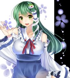 Rule 34 | 1girl, bad id, bad pixiv id, blush, breasts, detached sleeves, frog hair ornament, green eyes, green hair, hair ornament, hair tubes, kochiya sanae, koyuri shouyu, large breasts, long hair, matching hair/eyes, open mouth, skirt, smile, snake hair ornament, solo, touhou