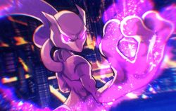 Rule 34 | amaneryuusei, angry, bad id, bad twitter id, blurry, building, chromatic aberration, cityscape, creatures (company), depth of field, fire, game freak, gen 1 pokemon, glowing, glowing eyes, legendary pokemon, looking at viewer, looking back, mewtwo, nintendo, no mouth, outstretched arm, pink eyes, pokemon, pokemon (creature), skyscraper, solo, tail, upper body
