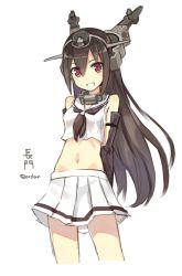 Rule 34 | 10s, 1girl, :d, aged down, amagai tarou, arms behind back, artist name, bare shoulders, black gloves, black hair, elbow gloves, gloves, hair between eyes, headgear, kantai collection, long hair, midriff, nagato (kancolle), navel, open mouth, pleated skirt, red eyes, school uniform, serafuku, simple background, skirt, smile, solo, white background