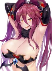 Rule 34 | 1girl, armpits, arms up, blush, breasts, cleavage, cygames, dragalia lost, elbow gloves, fang, gloves, heart, heart-shaped pupils, highres, horns, kurowa, long hair, mym (dragalia lost), nintendo, open mouth, red hair, skin fang, solo, sweat, symbol-shaped pupils, tiara, yellow eyes