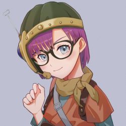 Rule 34 | 1girl, blue eyes, chrono trigger, closed mouth, glasses, helmet, looking at viewer, lucca ashtear, purple hair, scarf, short hair, simple background, smile, solo