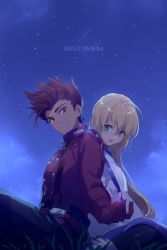Rule 34 | 1boy, 1girl, blonde hair, brown hair, choker, colette brunel, copyright name, dress, echo (circa), gloves, green eyes, jewelry, lloyd irving, open mouth, red shirt, shirt, smile, star (sky), tales of (series), tales of symphonia