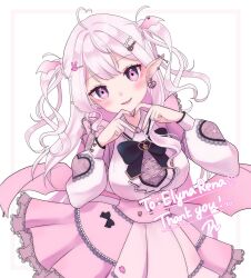 Rule 34 | 1girl, ahoge, black bow, black bowtie, blush, bow, bowtie, collared dress, commission, dress, earrings, elyna rena, heart, heart ahoge, heart earrings, heart hands, highres, indie virtual youtuber, jewelry, long sleeves, open mouth, pink corset, pink dress, pink eyes, pink hair, pointy ears, skeb commission, smile, solo, virtual youtuber, wasabi tsun