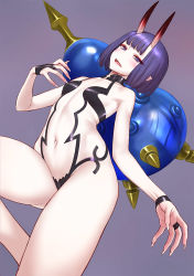 Rule 34 | 1girl, bare shoulders, bob cut, breasts, bridal gauntlets, collarbone, eyeliner, fang, fate/grand order, fate (series), gourd, headpiece, highres, horns, looking at viewer, makeup, md5 mismatch, minazuki juuzou, navel, oni, open mouth, purple background, purple eyes, purple hair, resolution mismatch, revealing clothes, short hair, shuten douji (fate), simple background, skin-covered horns, small breasts, smile, solo, source smaller, thighs