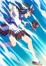 Rule 34 | 2girls, arrow (symbol), back bow, black hair, blue bow, blue bowtie, bow, bowl, bowl hat, bowtie, bracelet, cone horns, dress, foot out of frame, glint, hat, highres, holding, holding needle, horns, inuno rakugaki, japanese clothes, jewelry, kijin seija, kimono, long sleeves, mini person, minigirl, multicolored hair, multiple girls, needle, open mouth, purple hair, red hair, red kimono, sandals, short hair, short sleeves, spiked hair, streaked hair, sukuna shinmyoumaru, touhou, white dress, white hair, wide sleeves