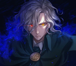 Rule 34 | 1boy, bad id, bad pixiv id, blue fire, collared shirt, edmond dantes (fate), email2140, fate/grand order, fate (series), fire, formal, green jacket, highres, jacket, looking at viewer, male focus, medium hair, red eyes, shirt, signature, silver hair, solo, suit, upper body, white shirt, wing collar, yellow eyes