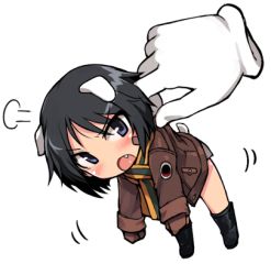 Rule 34 | 10s, 1girl, animal ears, bandaid, bandaid on face, black hair, blue eyes, blush, brave witches, chibi, kanno naoe, looking at viewer, lowres, military, military uniform, null (nyanpyoun), open mouth, scarf, short hair, simple background, solo focus, strike witches, tail, uniform, white background, world witches series