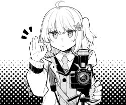 Rule 34 | 1girl, :c, ahoge, arknights, black background, collared shirt, dslr, emphasis lines, flower, greyscale, hair flower, hair ornament, halftone, halftone background, hand up, highres, jacket, long sleeves, looking at viewer, monochrome, necktie, ok sign, open clothes, open jacket, scene (arknights), shirt, short hair, short ponytail, side ponytail, simple background, solo, straight-on, tripod, two-tone background, upper body, vest, white background, yom (ymayma00ss)