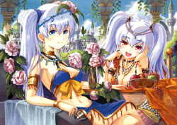 Rule 34 | 2girls, :d, armlet, bare shoulders, blue eyes, blue sky, blush, bracelet, breasts, building, head rest, circlet, cleavage, cloud, cup, day, flower, food, fruit, hair ornament, jewelry, large breasts, crossed legs, long hair, looking at viewer, multiple girls, navel, neck ring, necklace, open mouth, original, red eyes, sideboob, silver hair, sitting, sky, smile, strapless, tube top, twintails, yuu (yuyukaikan)