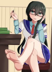 Rule 34 | 1girl, akagi (kancolle), barefoot, blue eyes, desk, feet, glasses, holding, holding pen, kantai collection, crossed legs, long hair, looking at viewer, parted lips, pen, sitting, soles, toes