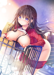 Rule 34 | 1girl, ball, blurry, blurry background, blush, breasts, brown hair, clothes lift, clothes pull, dutch angle, gym storeroom, gym uniform, jacket, large breasts, leaning forward, leaning on object, long hair, looking at viewer, murasaki (murasakiiro no yoru), nipples, open clothes, open jacket, original, purple eyes, shirt lift, shorts, shorts pull, solo, vaulting horse