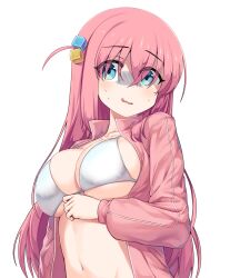 Rule 34 | 1girl, bippew, blue eyes, bocchi the rock!, bra, breasts, collarbone, cube hair ornament, gotoh hitori, hair between eyes, hair ornament, highres, jacket, large breasts, long hair, long sleeves, looking at viewer, navel, open clothes, open jacket, open mouth, pink hair, pink jacket, simple background, solo, track jacket, underwear, upper body, white background, white bra