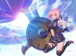 Rule 34 | 1girl, :d, absurdres, ahoge, armored leotard, black thighhighs, blue sky, breasts, breasts apart, clothing cutout, cloud, day, elbow gloves, fate/grand order, fate (series), fou (fate), gloves, hair between eyes, hayanpool, highres, kneeling, large breasts, lipstick, looking at viewer, makeup, mash kyrielight, mash kyrielight (ortenaus), midriff, navel, navel cutout, open mouth, outdoors, pink hair, purple eyes, red lips, shield, short hair, sky, smile, solo, stomach, sunlight, thigh strap, thighhighs