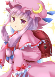 Rule 34 | 1girl, backpack, bag, blue bow, blue ribbon, blunt bangs, blush, bow, capelet, commentary request, crescent, crescent hat ornament, crescent pin, dress bow, frilled capelet, frilled sleeves, frills, hair bow, hat, hat ornament, hat ribbon, looking at viewer, mob cap, parted lips, patchouli knowledge, purple eyes, purple hair, ram hachimin, randoseru, red bow, red ribbon, ribbon, solo, sparkle background, touhou, very long sleeves