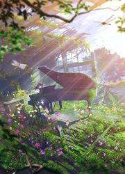 Rule 34 | 1girl, black hair, blurry, blurry foreground, bug, building, commentary request, day, depth of field, dragonfly, closed eyes, flower, grand piano, highres, bug, instrument, light rays, long hair, mocha (cotton), open mouth, orange flower, original, outdoors, overgrown, piano, plant, purple flower, scenery, shirt, signature, sitting, solo, sunbeam, sunlight, tree, branch, vines, white flower, white shirt
