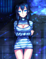 Rule 34 | 1girl, bare legs, black hair, blue eyes, breasts, cleavage, cleavage cutout, clothing cutout, collar, covered navel, crossed arms, female focus, highres, large breasts, lock, long hair, meme attire, navel, open-chest sweater, original, samael (5211), shirt, solo, standing, striped clothes, striped shirt, sweater, thigh gap, very long hair