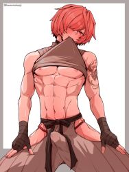 Rule 34 | 1boy, ambush (trap), arm tattoo, bandage gloves, bandaged hand, bandages, black bandages, blush, bulge, clothes in mouth, clothes lift, erection, erection under clothes, fate/grand order, fate (series), femboy, fully clothed male, fundoshi, fuuma kotarou (fate), gloves, hair over one eye, half-closed eye, japanese clothes, kamenakake, looking at viewer, male focus, mouth hold, muscular, muscular male, nipples, parted bangs, pectorals, red eyes, red fundoshi, red hair, shirt, shirt in mouth, shirt lift, shirt lifted by self, short hair, shoulder tattoo, simple background, sleeveless, smile, solo, solo focus, tattoo, toned, toned male, trap