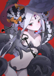 Rule 34 | 1girl, abigail williams (fate), abigail williams (swimsuit foreigner) (fate), abigail williams (swimsuit foreigner) (first ascension) (fate), absurdres, bare shoulders, bikini, black bikini, black bow, blush, bow, breasts, collarbone, colored skin, double bun, fate/grand order, fate (series), forehead, hair bun, highres, key, keyhole, long hair, miyu10366, multiple bows, navel, orange bow, outstretched arm, parted bangs, red background, red eyes, sidelocks, small breasts, solo, swimsuit, tentacles, thighs, third eye, very long hair, white hair, white skin
