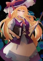 Rule 34 | 1girl, absurdres, black background, black hat, blonde hair, book, bow, broom, chirihouki, closed mouth, hat, hat bow, highres, kirisame marisa, long hair, looking at viewer, parted lips, purple skirt, purple vest, red bow, short sleeves, skirt, smile, solo, touhou, vest, witch hat, yellow eyes