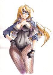 Rule 34 | 1girl, absurdres, black canary, black gloves, black leotard, blonde hair, blue eyes, breasts, cleavage, clenched hand, closed mouth, collarbone, commentary, covered navel, cropped jacket, dc comics, fishnet pantyhose, fishnets, gloves, hand on own hip, highres, jacket, leotard, lips, long hair, mask, medium breasts, open clothes, open jacket, pantyhose, rodrigo yoshimiya, simple background, sleeves rolled up, smile, white background