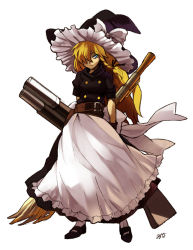 Rule 34 | 1girl, adapted costume, apron, belt, blonde hair, blue eyes, braid, broom, buttons, dress, female focus, full body, gloves, gun, hair over one eye, hair ribbon, hat, hat ribbon, huge weapon, kirisame marisa, long hair, milcho, ribbon, serious, shoes, shotgun, side braid, signature, simple background, single braid, socks, solo, touhou, weapon, white background, white socks, witch, witch hat