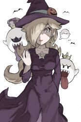 Rule 34 | 1girl, bat (animal), blonde hair, boo (mario), breasts, commentary request, crown, dress, earrings, hair over one eye, halloween costume, hat, highres, jewelry, king boo, long dress, long hair, looking at viewer, luigi&#039;s mansion, mario (series), mario kart, mario kart tour, medium breasts, nintendo, purple dress, purple nails, rosalina, rosalina (halloween), simple background, solo, star (symbol), star earrings, toggy keiichi, white background, witch hat
