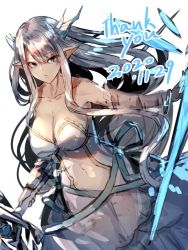 Rule 34 | 1girl, blue eyes, breasts, cleavage, commentary request, covered navel, dated, detached sleeves, dress, frilled sleeves, frills, hair between eyes, holding, holding sword, holding weapon, long hair, long sleeves, looking at viewer, medium breasts, original, parted lips, pointy ears, see-through, silver hair, simple background, solo, strapless, strapless dress, sword, thank you, very long hair, weapon, white background, white dress, wide sleeves, yuuji (yukimimi)