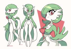 Rule 34 | 1girl, breasts, cleavage, closed mouth, collarbone, colored skin, cowboy shot, creatures (company), cropped legs, female focus, from side, full body, game freak, gardevoir, gen 3 pokemon, green hair, green skin, hair between eyes, hand up, happy, jpeg artifacts, lifted by self, looking at viewer, looking to the side, medium breasts, multicolored skin, multiple views, navel, nintendo, no pussy, pokemon, pokemon (creature), red eyes, shiny skin, short hair, simple background, smile, standing, stomach, two-tone background, two-tone skin, walking, white background, white skin, yuta agc
