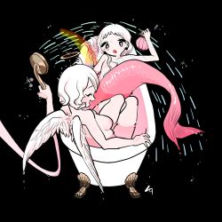 Rule 34 | 2girls, absurdres, angel wings, bathing, bathtub, black background, claw foot bathtub, closed eyes, completely nude, earrings, flat chest, halo, highres, holding, inata17ta, jewelry, long hair, mermaid, monster girl, multiple girls, nipples, nude, original, partially submerged, profile, rainbow, short hair, simple background, smile, sparkle, white hair, white wings, wings