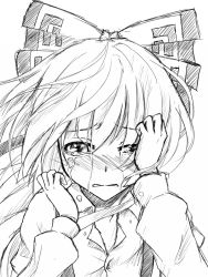 Rule 34 | 1girl, blush, bow, crying, crying with eyes open, female focus, flask (pandora), fujiwara no mokou, greyscale, hair bow, long hair, monochrome, simple background, solo, tears, touhou, upper body, white background