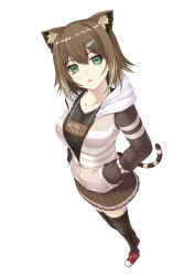Rule 34 | 1girl, animal ear fluff, animal ears, black thighhighs, breasts, brown hair, brown skirt, collarbone, commentary request, fish hair ornament, foreshortening, fumino tamaki, green eyes, hair ornament, hands in pockets, highres, hood, hoodie, looking at viewer, medium breasts, nijisanji, open mouth, orishin, red footwear, shoes, skirt, solo, standing, tail, thighhighs, virtual youtuber