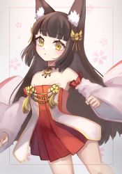 Rule 34 | 1girl, :&lt;, animal ear fluff, animal ears, azur lane, bare shoulders, black hair, blush, commentary request, detached sleeves, dress, floral background, fox ears, grey background, hair ornament, highres, long hair, long sleeves, looking at viewer, miya (miyaruta), nagato (azur lane), parted lips, pleated dress, red dress, solo, strapless, strapless dress, triangle mouth, very long hair, white sleeves, wide sleeves, yellow eyes