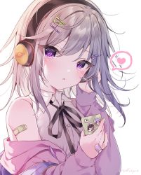 Rule 34 | 1girl, :o, bare shoulders, black ribbon, cellphone, collared shirt, commentary request, dress shirt, grey hair, hair between eyes, hair ornament, hairclip, hands up, headphones, heart, highres, holding, holding phone, jacket, komori met, looking at viewer, mafuyu (chibi21), nanashi inc., neck ribbon, off shoulder, open clothes, open jacket, parted lips, phone, pink jacket, purple eyes, ribbon, shirt, simple background, sleeveless, sleeveless shirt, sleeves past wrists, solo, spoken heart, upper body, v ap art, virtual youtuber, white background, white shirt